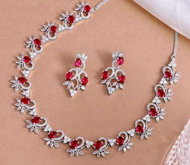 Ruby Blossom Rhodium-Plated Necklace & Earrings Set