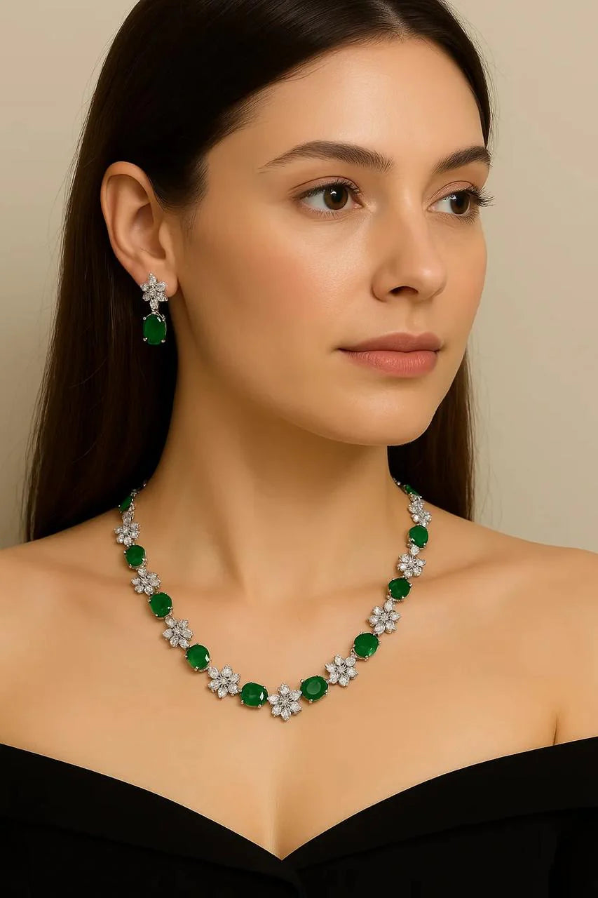 Emerald Bloom CZ Earrings & Necklace Set